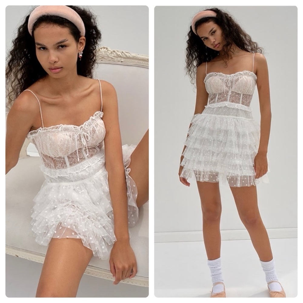 For Love & Lemons Coquette Ballet Romantic Jules Lacy Corset Mini Dress White L
